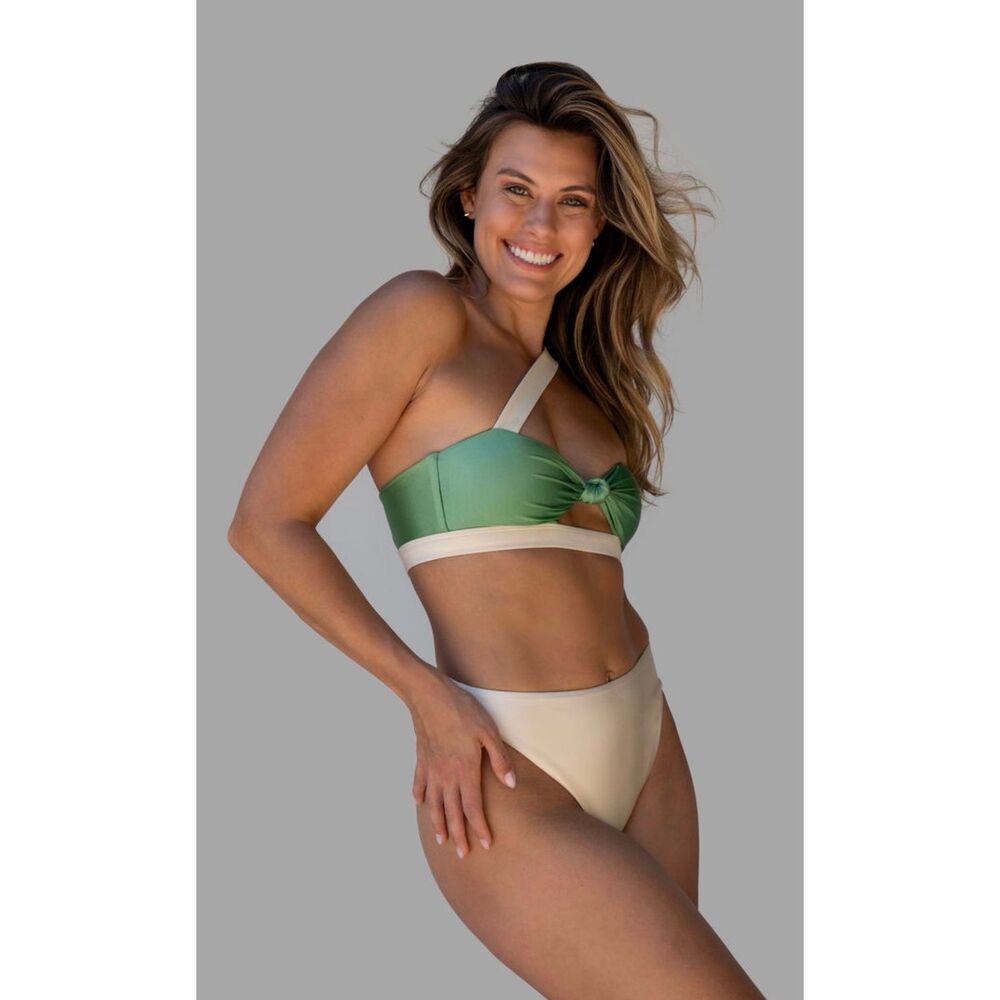 WET Swim Bikini Set Small Green Ivory One Shoulder Knot Front NWT NEW Made in LA